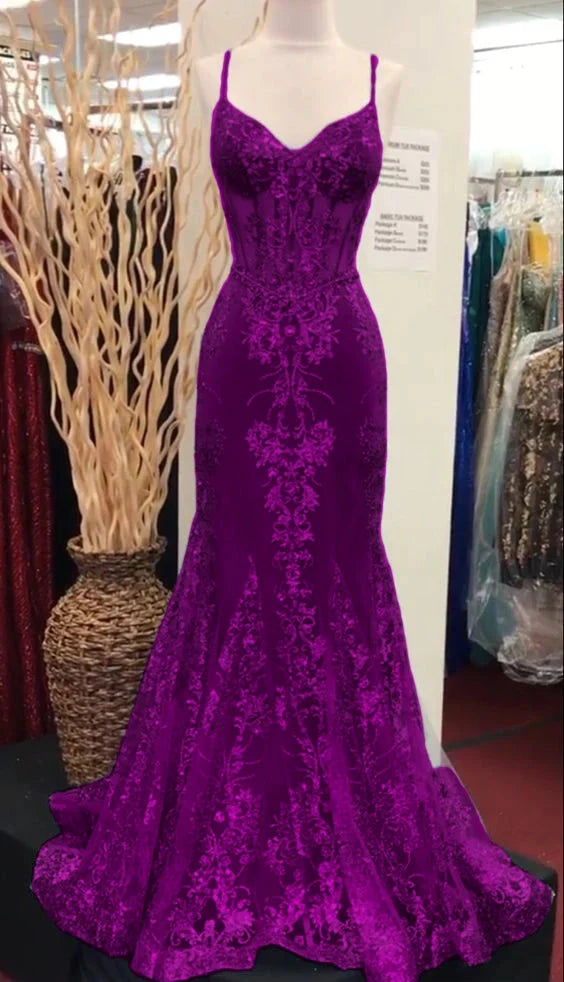 Charming V Neck Lace Mermaid Formal Prom Dresses Long Formal Evening Dresses
