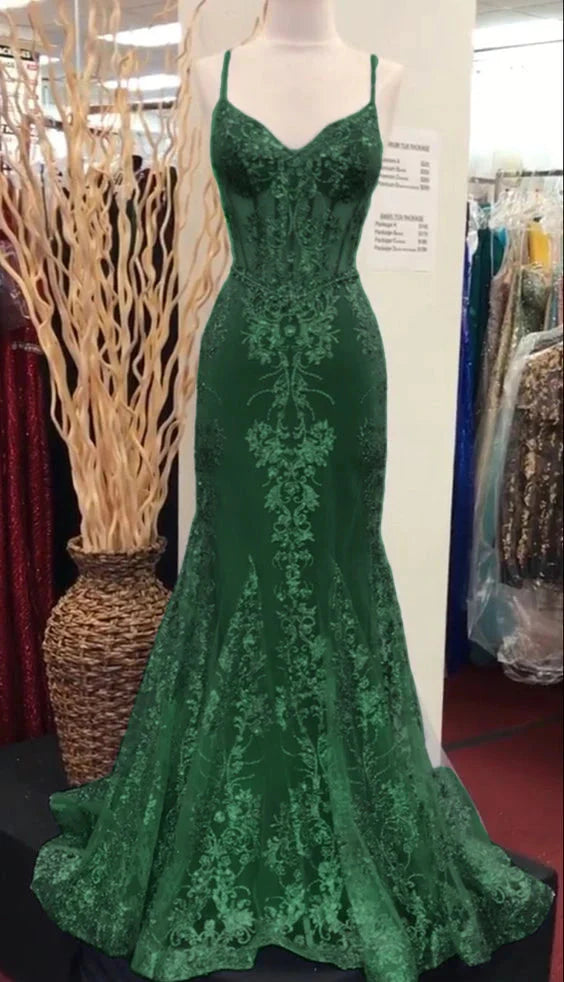 Charming V Neck Lace Mermaid Formal Prom Dresses Long Formal Evening Dresses