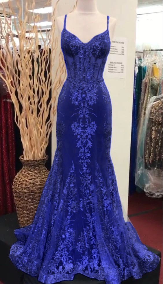 Charming V Neck Lace Mermaid Formal Prom Dresses Long Formal Evening Dresses
