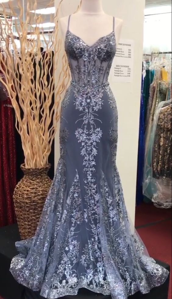 Charming V Neck Lace Mermaid Formal Prom Dresses Long Formal Evening Dresses