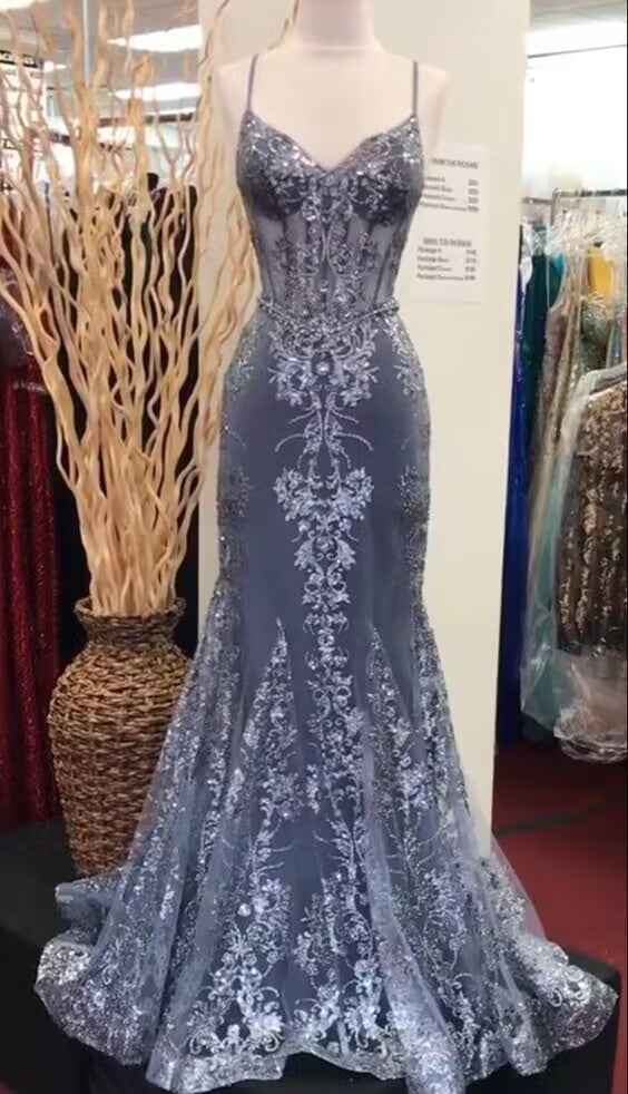 Charming V Neck Lace Mermaid Formal Prom Dresses Long Formal Evening Dresses Secondary image