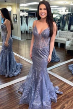 Charming V Neck Lace Mermaid Formal Prom Dresses Long Formal Evening Dresses