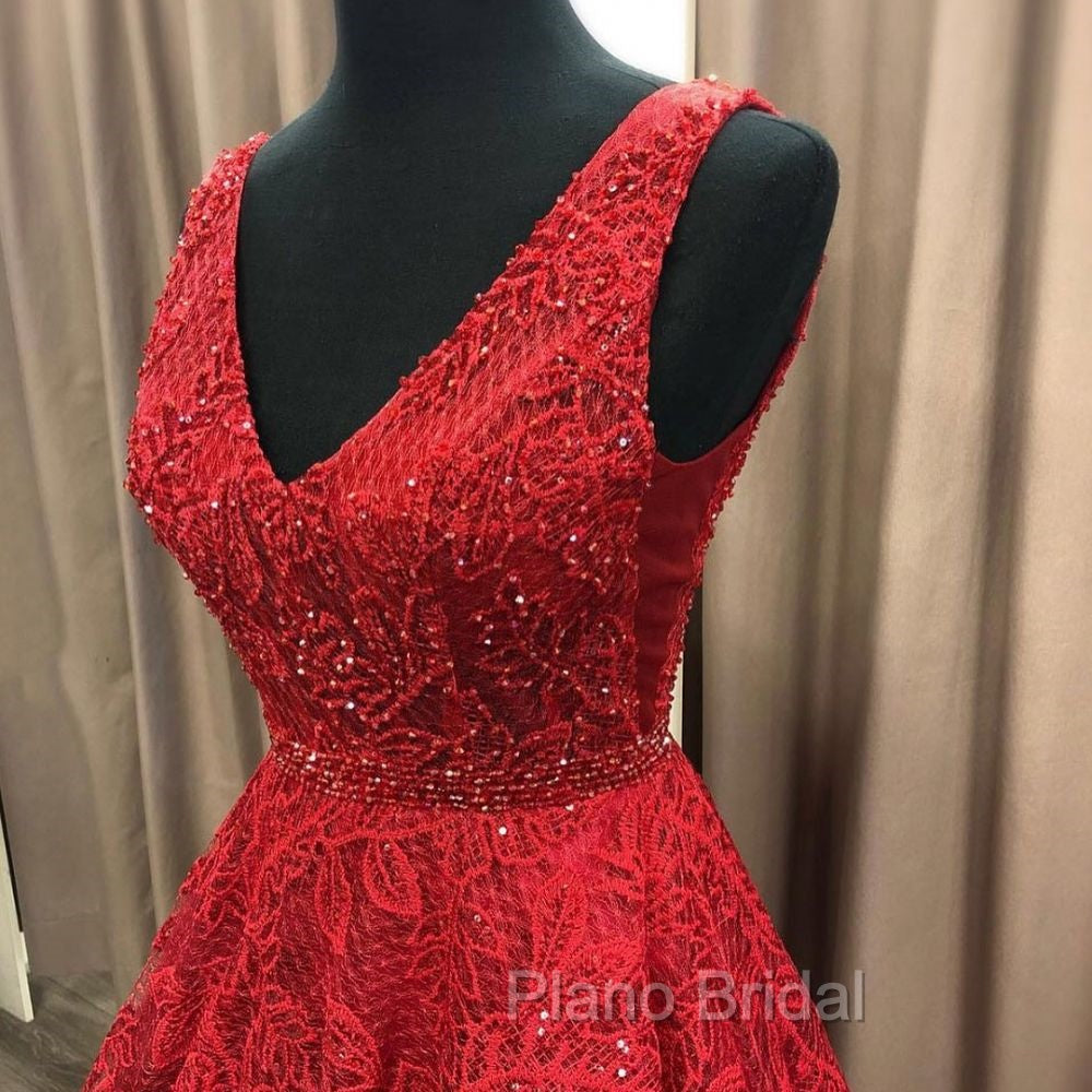 Charming V-neck Sleeveless Formal Prom Party Gowns| Affordable Red Lace Beading Long Formal Prom Gown Secondary image