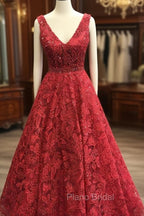 Charming V-neck Sleeveless Formal Prom Party Gowns| Affordable Red Lace Beading Long Formal Prom Gown