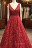Charming V-neck Sleeveless Formal Prom Party Gowns| Affordable Red Lace Beading Long Formal Prom Gown