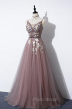 Charming V-neckline Flowers Dark Pink Formal Prom Gown, Long Formal Dresses