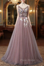 Charming V-neckline Flowers Dark Pink Formal Prom Gown, Long Formal Dresses
