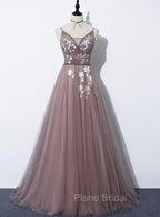 Charming V-neckline Flowers Dark Pink Formal Prom Gown, Long Formal Dresses