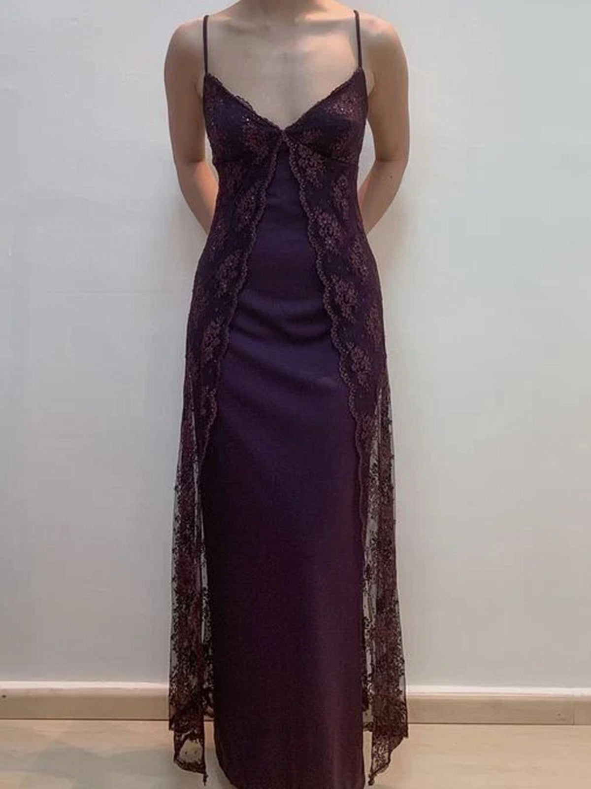 Charming V-Neckline Purple Lace Straps A-Line Formal Prom Dresses, Purple Long Formal Dresses