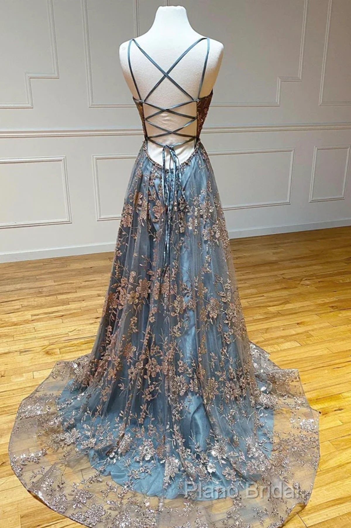 Charming V-Necklinetulle Sequins Long Formal Prom Dresses, V-Neck Backless Formal Dresses Secondary image
