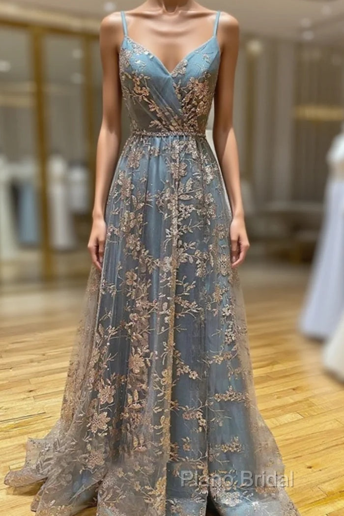 Charming V-Necklinetulle Sequins Long Formal Prom Dresses, V-Neck Backless Formal Dresses