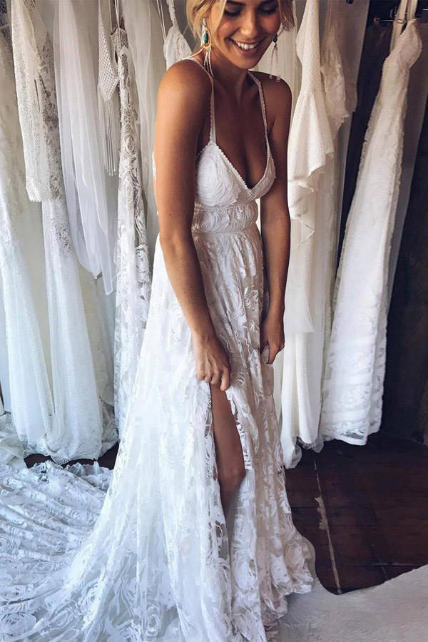 Charming Ivory Lace Floor Length V Neck Long Wedding Dresses On Line Secondary image