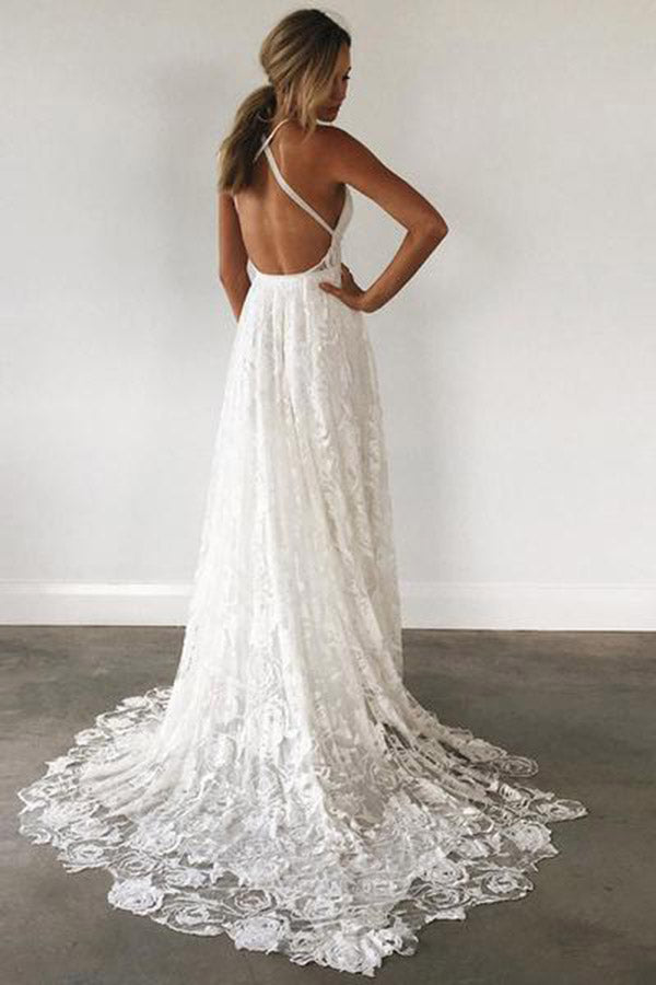 Charming Ivory Lace Floor Length V Neck Long Wedding Dresses On Line