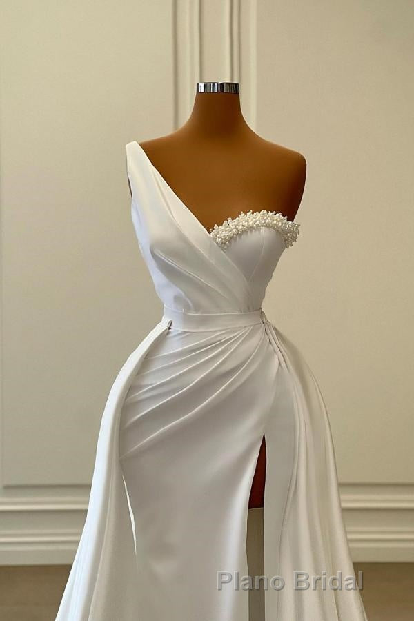 Charming White Long Mermaid One Shoulder Satin Beading Formal Prom Dresses Secondary image