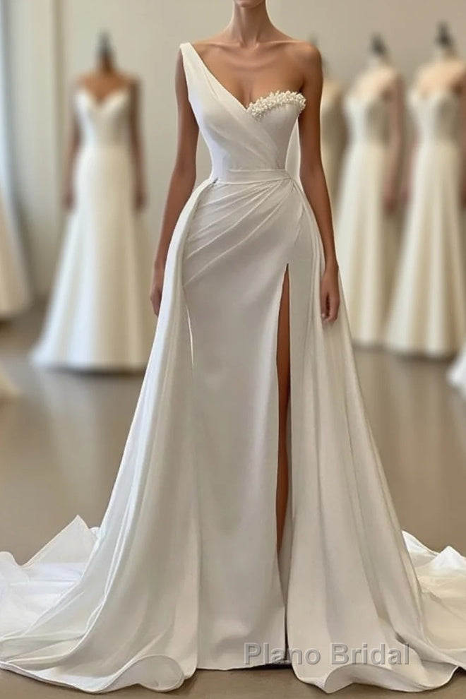 Charming White Long Mermaid One Shoulder Satin Beading Formal Prom Dresses
