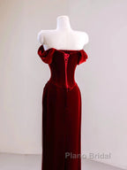 Charming Wine Red Mermaid Off Shoulder Velvet Formal Dresses, Wine Red Long Formal Prom Dresses