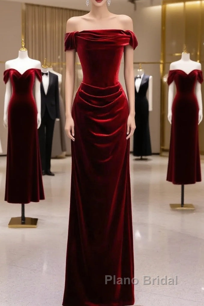 Charming Wine Red Mermaid Off Shoulder Velvet Formal Dresses, Wine Red Long Formal Prom Dresses Main image