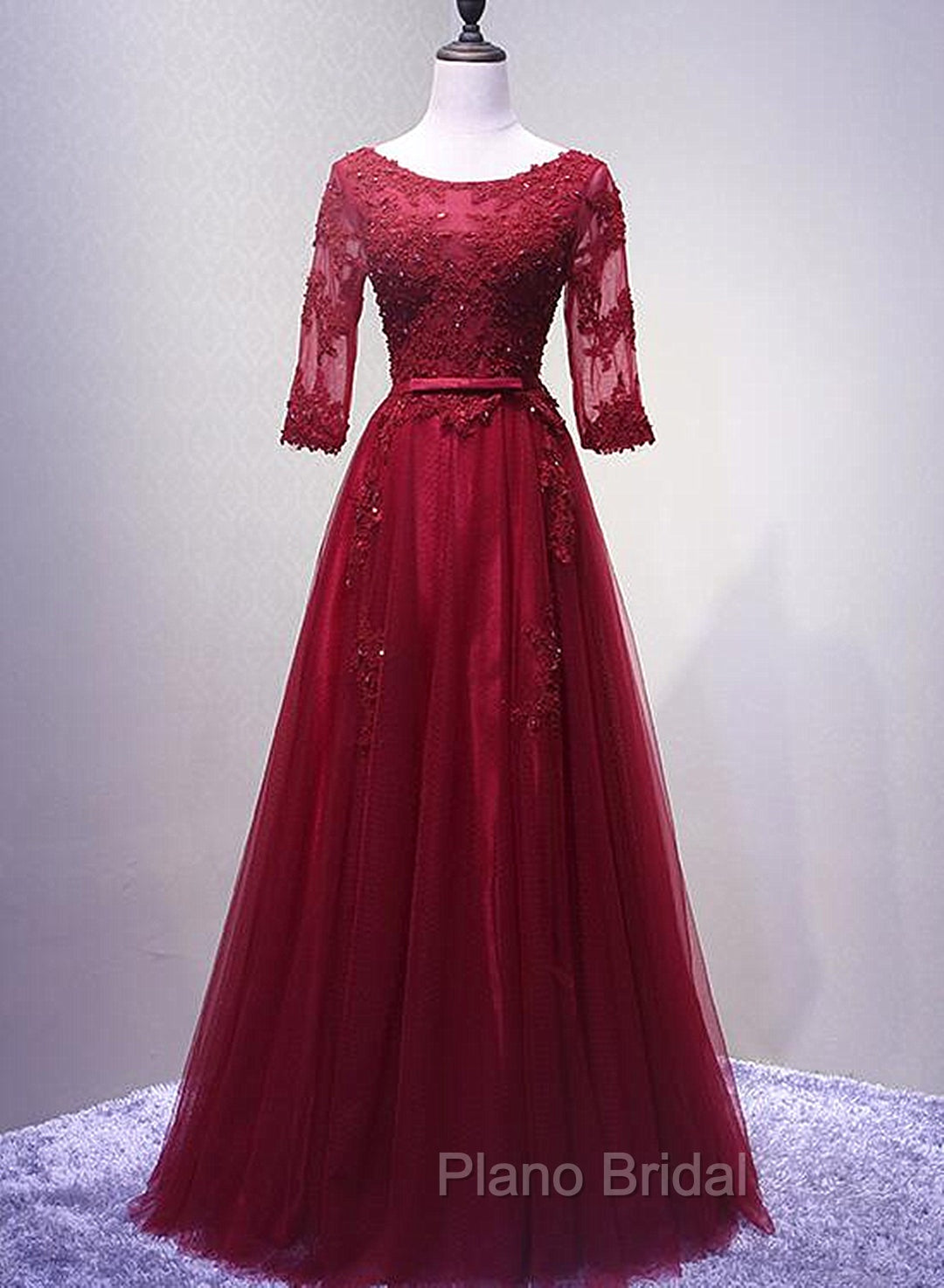 Charming Wine Red Short Sleeves Lace Applique Wedding Party Dresses, Formal Gown