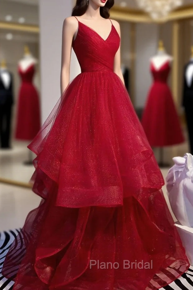 Charming Wine Red Straps Sweetehart Layers Tulle Formal Prom Dresses, Long Party Dresses Secondary image