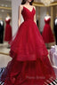 Charming Wine Red Straps Sweetehart Layers Tulle Formal Prom Dresses, Long Party Dresses