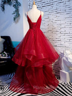 Charming Wine Red Straps Sweetehart Layers Tulle Formal Prom Dresses, Long Party Dresses
