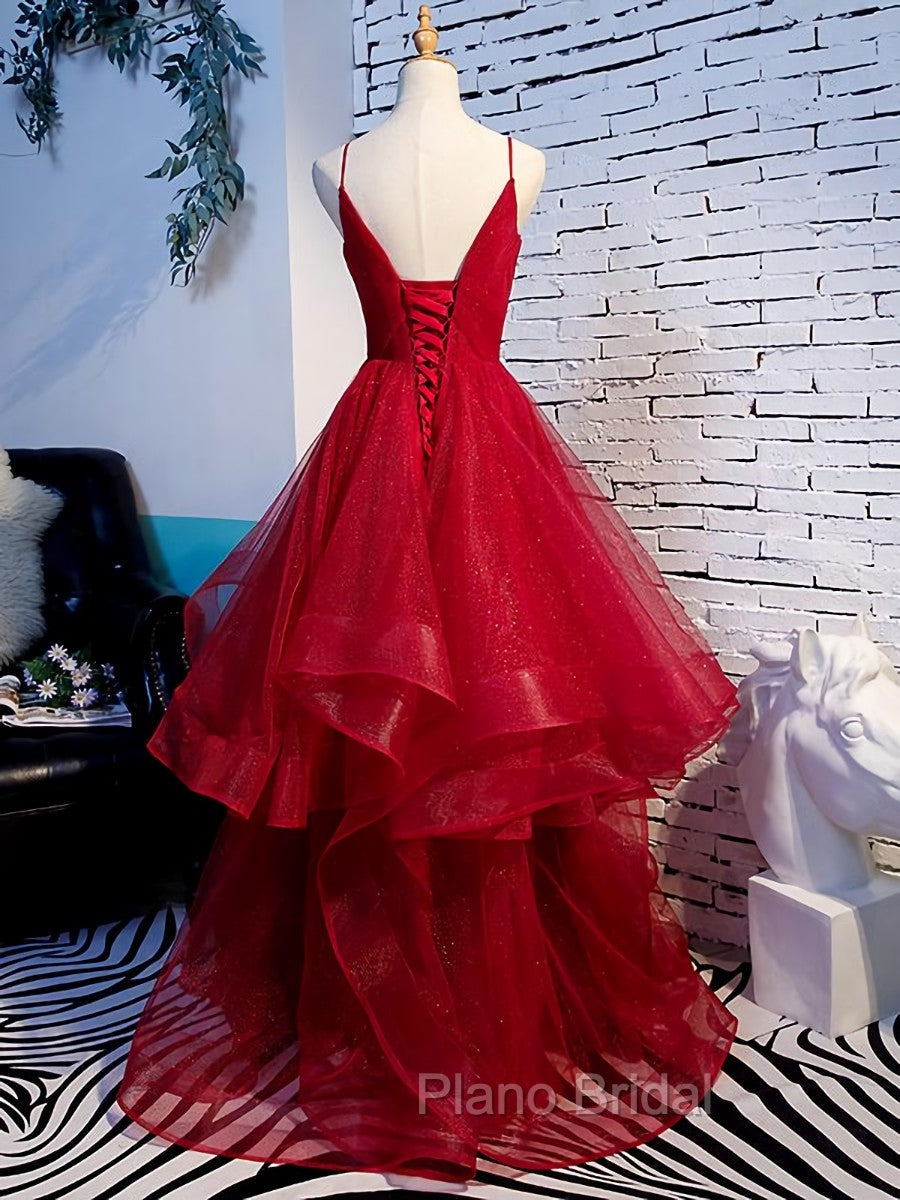 Charming Wine Red Straps Sweetehart Layers Tulle Formal Prom Dresses, Long Party Dresses