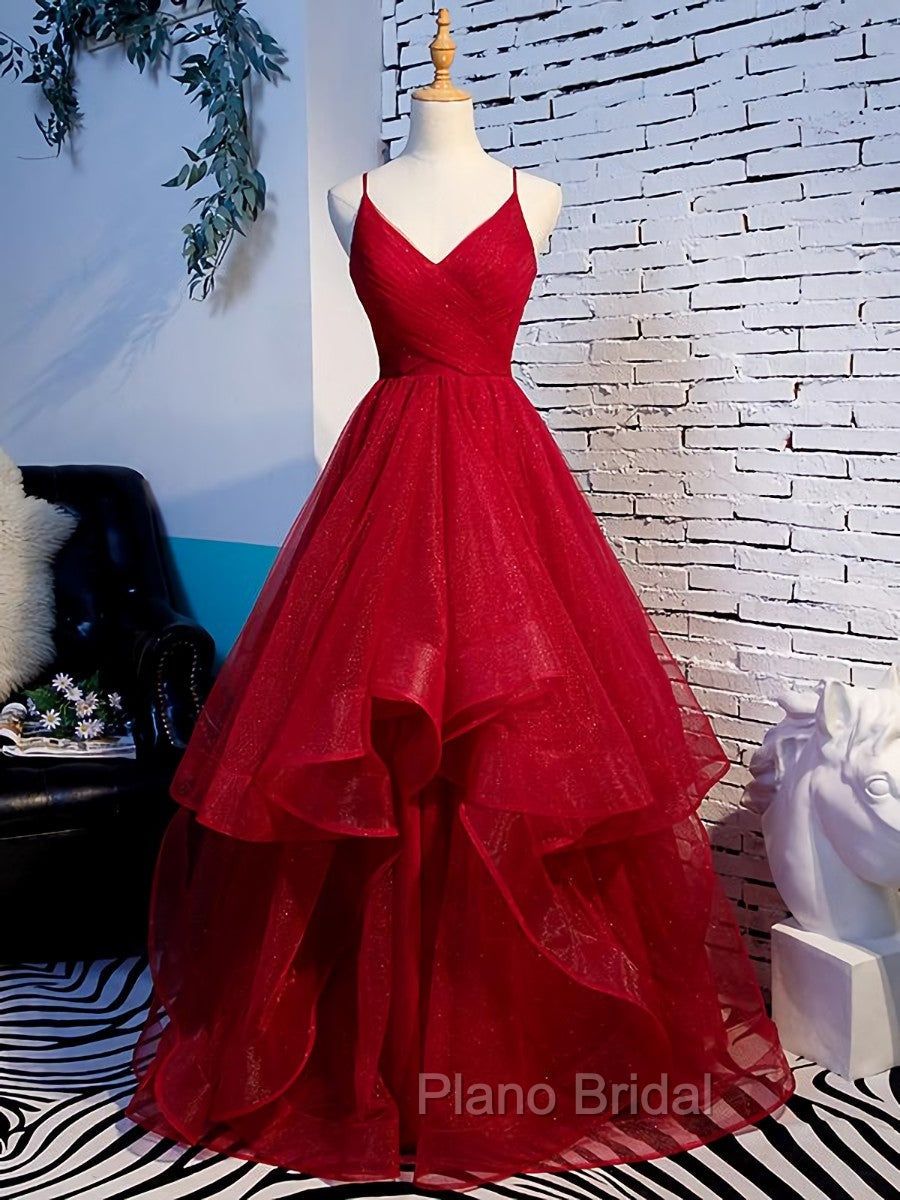 Charming Wine Red Straps Sweetehart Layers Tulle Formal Prom Dresses, Long Party Dresses Main image
