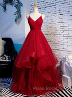 Charming Wine Red Straps Sweetehart Layers Tulle Formal Prom Dresses, Long Party Dresses