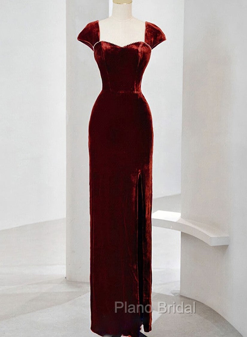 Charming Wine Red Velvet Cap Sleeves Long Party Dresses, Wedding Party Dresses Main image