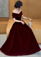 Charming Wine Red Velvet Off Shoulder Long Party Dresses, A-Line Formal Prom Dresses