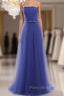 Cheap Blue Tulle Strapless Long Simple Formal Prom Dresses With Bow