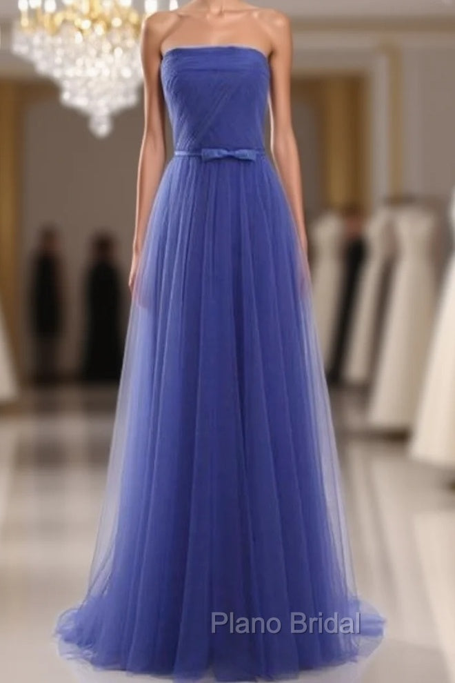 Cheap Blue Tulle Strapless Long Simple Formal Prom Dresses With Bow Main image