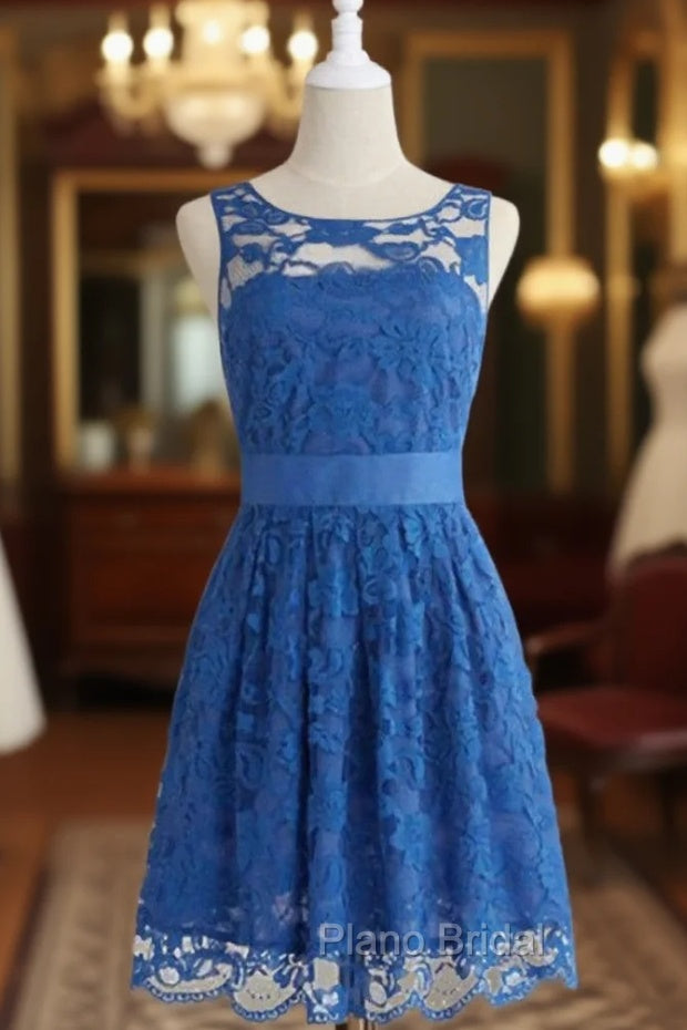 Cheap bridesmaid Dresses,Bridesmaid Dresses, Simple Royal Blue Scoop Lace Short Knee Length Main image