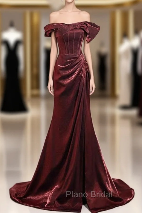 Cheap Burgundy mermaid Off the Shoulder Pleats Formal Prom Dresses