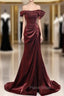 Cheap Burgundy mermaid Off the Shoulder Pleats Formal Prom Dresses