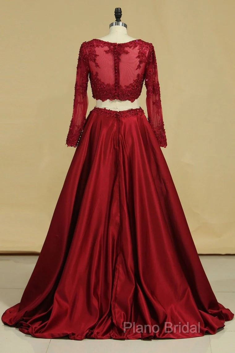 Cheap Burgundy Two-Piece Formal Prom Dresses A Line Satin Lace Applique