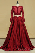 Cheap Burgundy Two-Piece Formal Prom Dresses A Line Satin Lace Applique