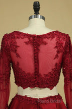 Cheap Burgundy Two-Piece Formal Prom Dresses A Line Satin Lace Applique