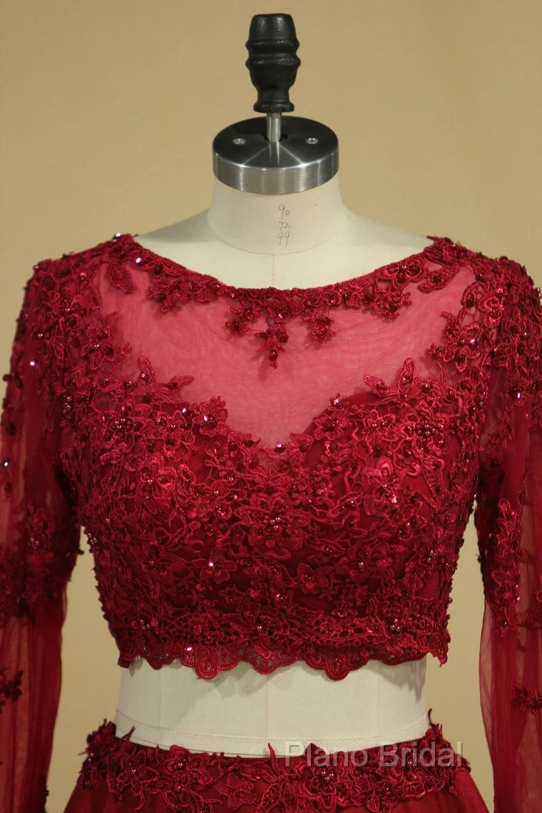 Cheap Burgundy Two-Piece Formal Prom Dresses A Line Satin Lace Applique
