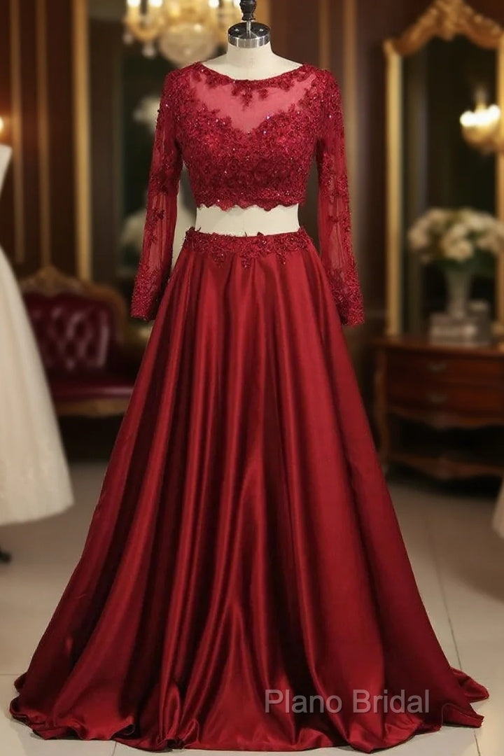 Cheap Burgundy Two-Piece Formal Prom Dresses A Line Satin Lace Applique Main image