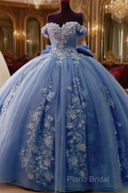 Cheap Dusty Blue Quinceanera Dresses Floral Sweet 16 Princess Dresses