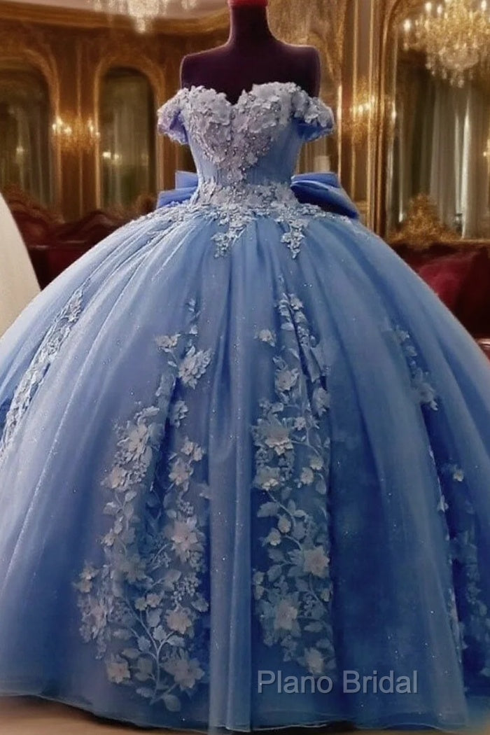 Cheap Dusty Blue Quinceanera Dresses Floral Sweet 16 Princess Dresses