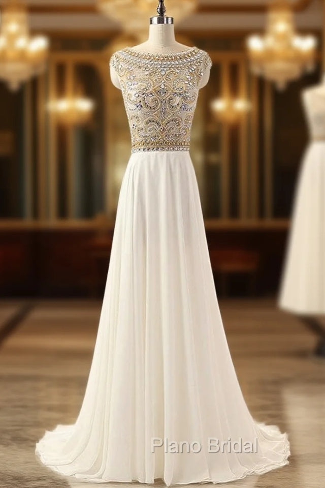 Cheap Ivory Crystals Formal Prom Dresses Long Chiffon Beaded Party Dresses Main image