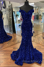 Cheap Long Formal Dresses Royal Blue Formal Prom Dresses Sequins Mermaid