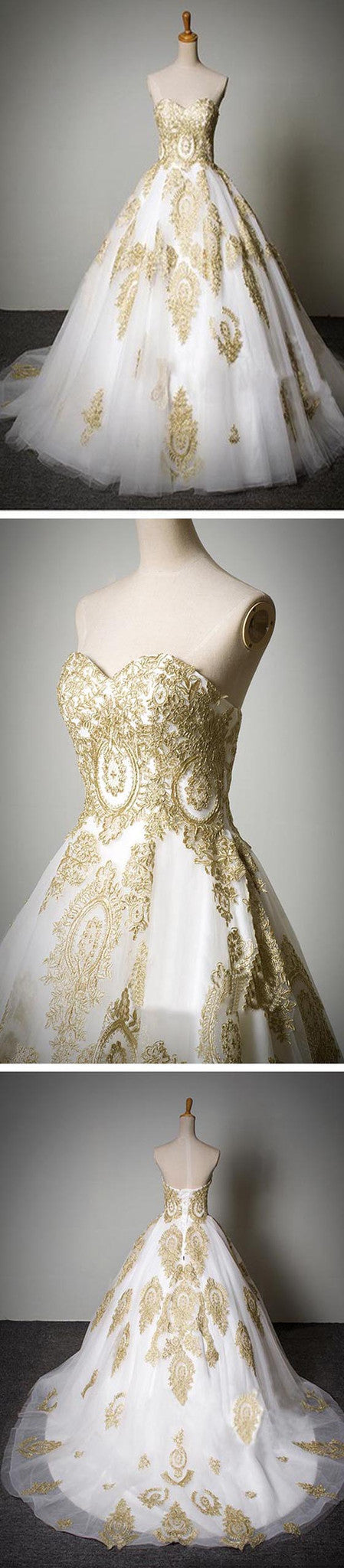 Cheap Popular Classic Sweetheart Gold Lace White Tulle Wedding Prom Dresses Secondary image