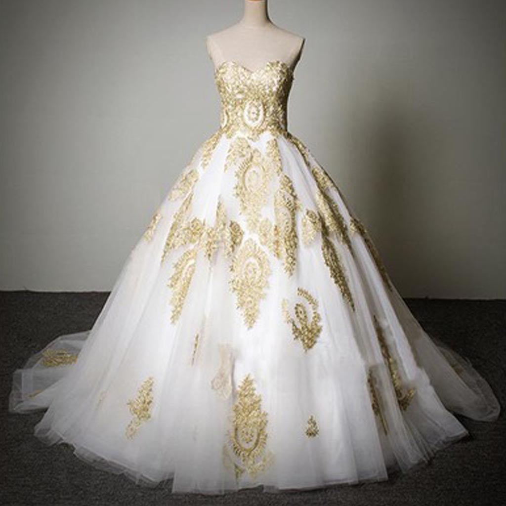 Cheap Popular Classic Sweetheart Gold Lace White Tulle Wedding Prom Dresses