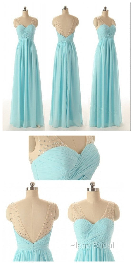 Cheap Simple Junior Strapless Sweetheart Blue Chiffon A-Line Floor-Length Wedding Party Bridesmaid Dresses , Secondary image