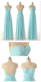 Cheap Simple Junior Strapless Sweetheart Blue Chiffon A-Line Floor-Length Wedding Party Bridesmaid Dresses ,