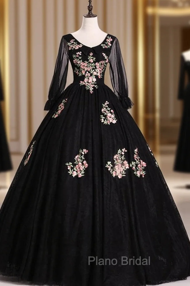 Check Out Entire Collection Black Ball Gown Tulle V-neck Long Sleeve Appliques Quinceanera Dresses Main image