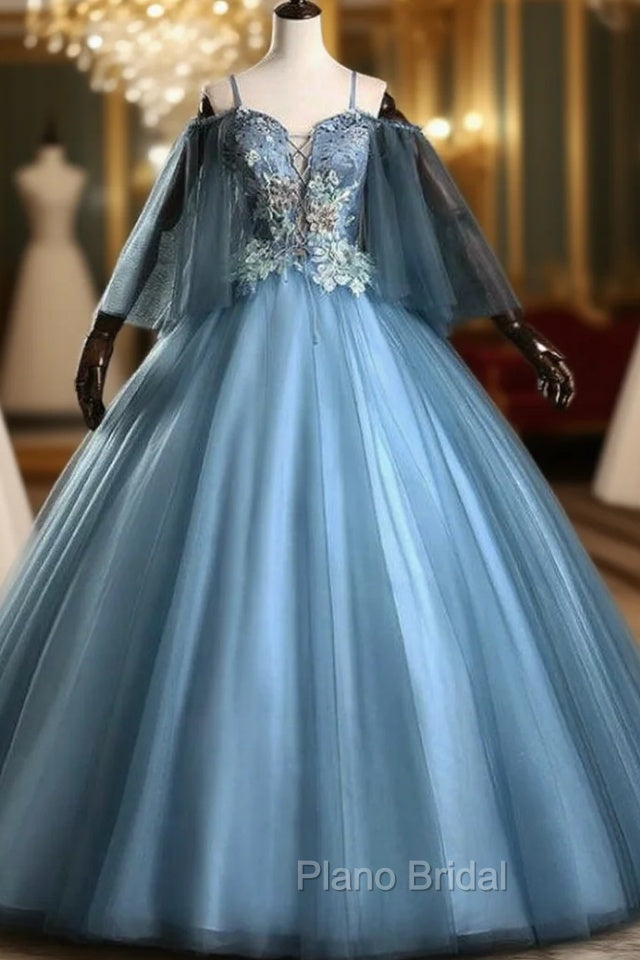 Check Out Entire Collection Blue Ball Gown Spaghetti Straps Appliques Beading Quinceanera Dresses Main image